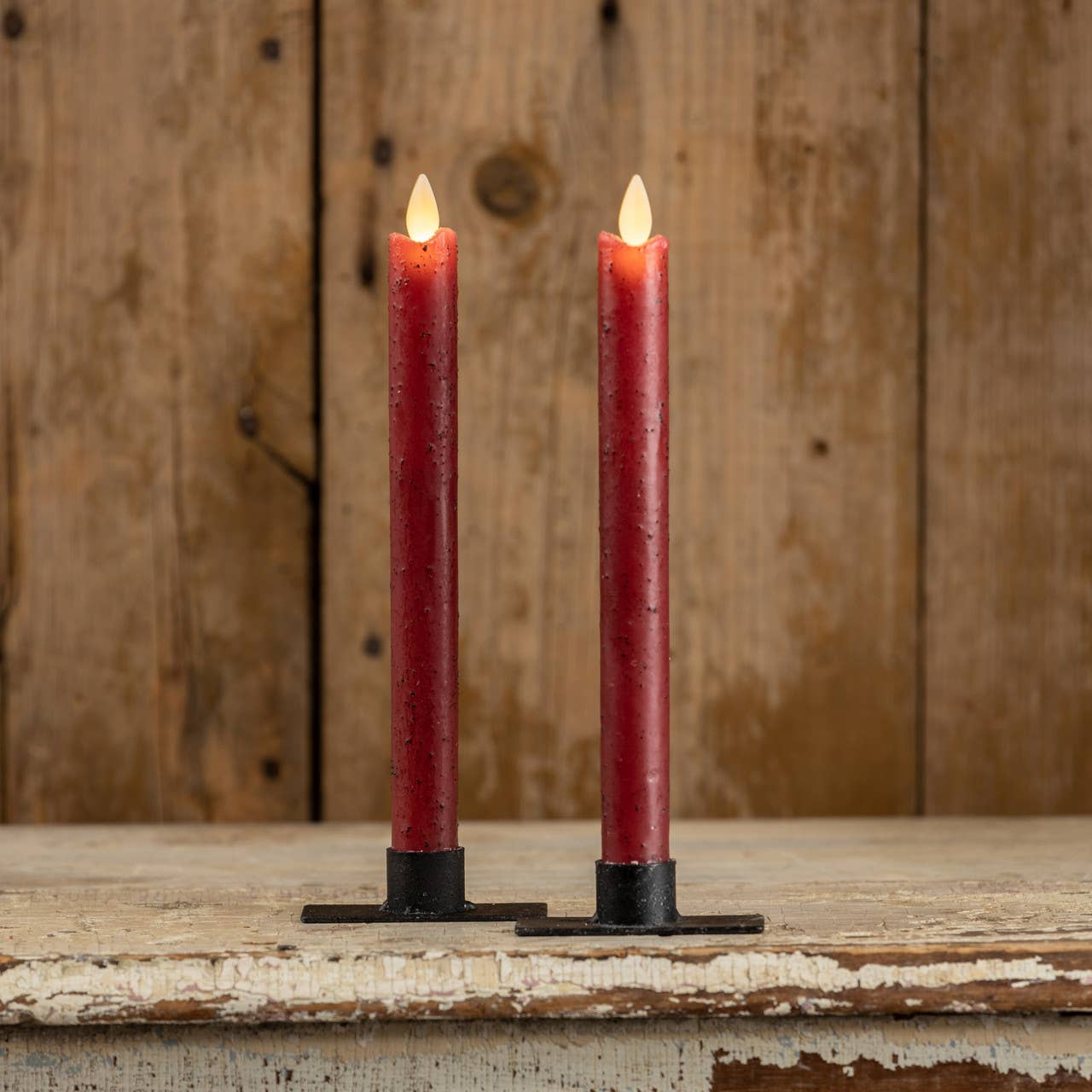 SET/ 2 - 9.5" MOVING FLAME RED TAPER CANDLE