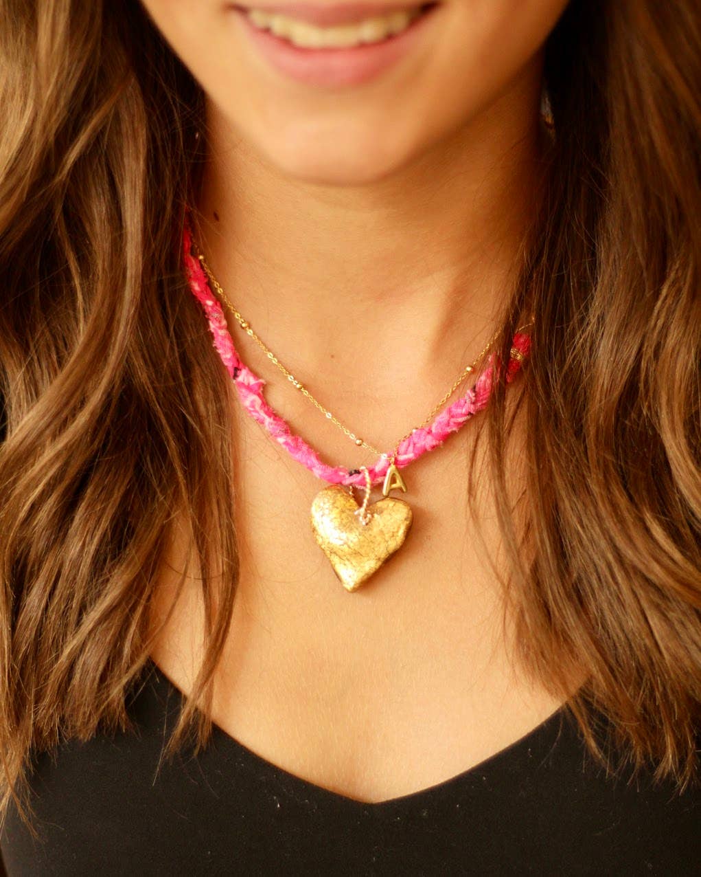 Hot Pink Bandana with Gold Leafed Heart Necklace