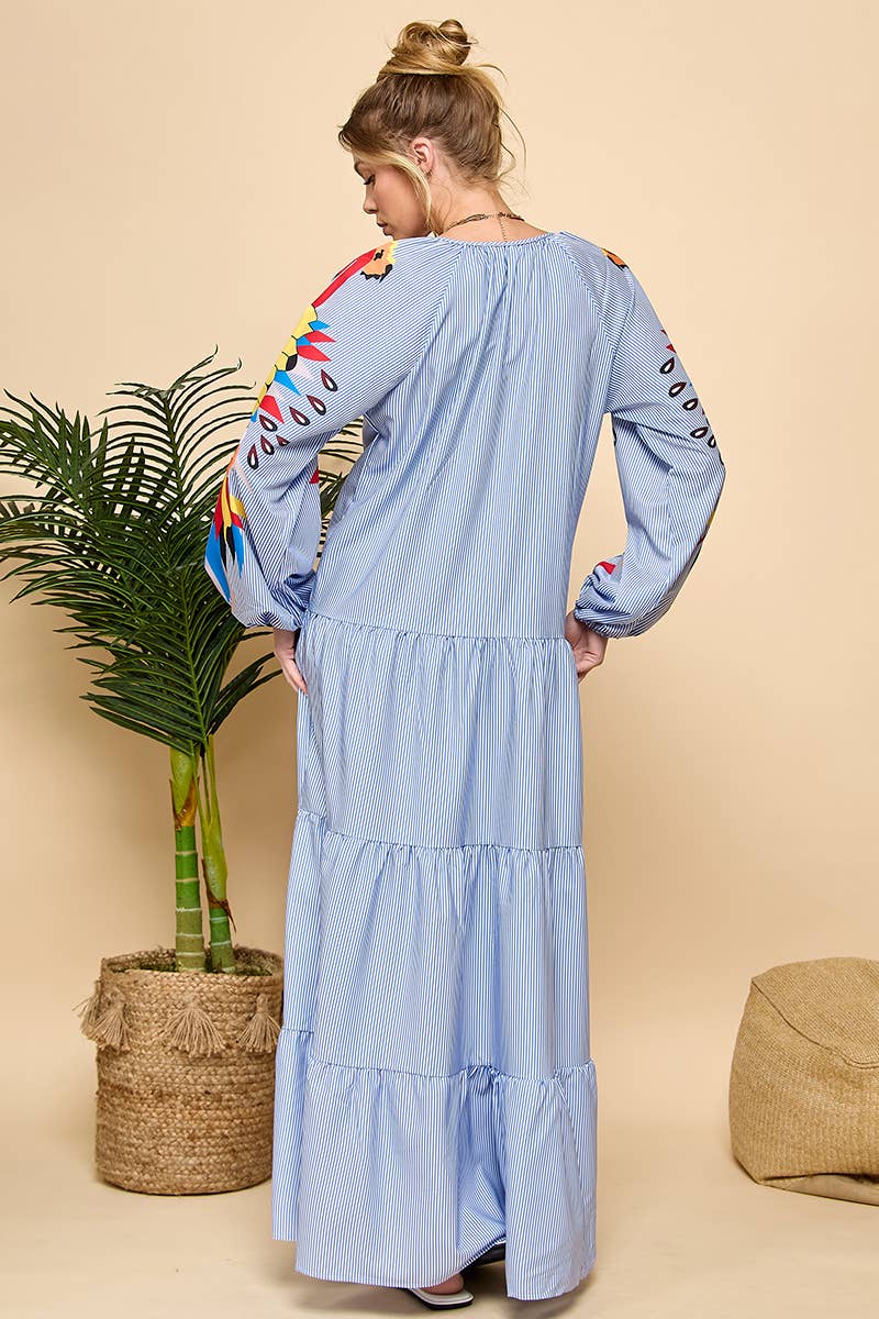 Printed Long Sleeve Stripe V-neck Dress : Blue / M