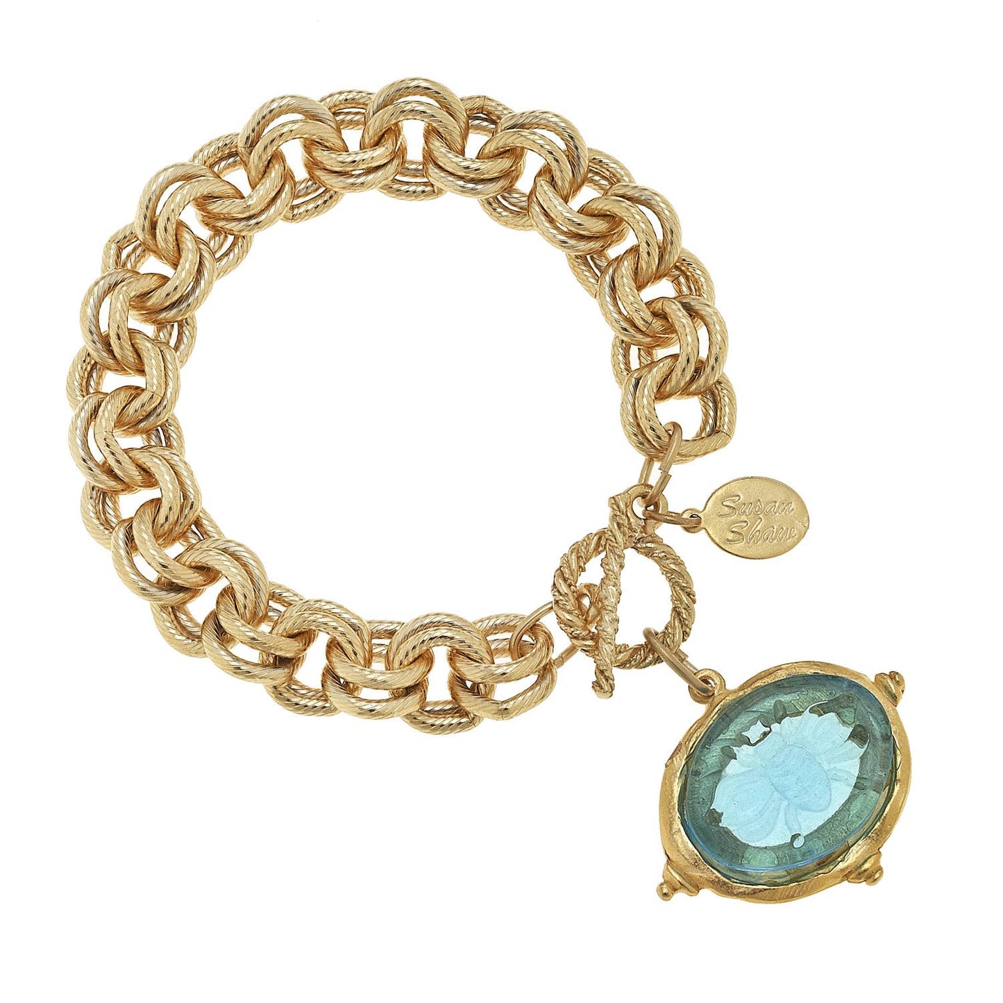Aqua Venetian Glass Bee Intaglio on Gold Chain Bracelet