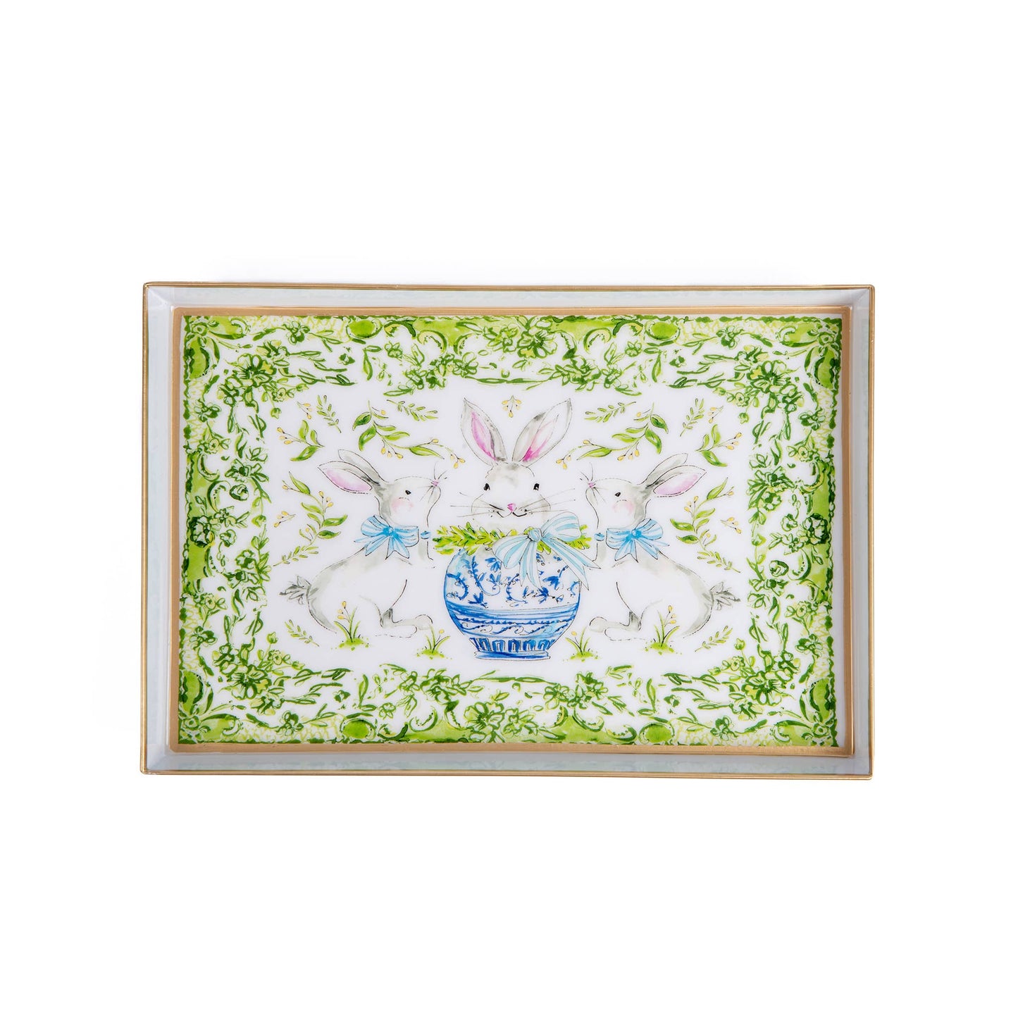 Bunny Trio Enameled Oliver Tray 8x12: White & Green