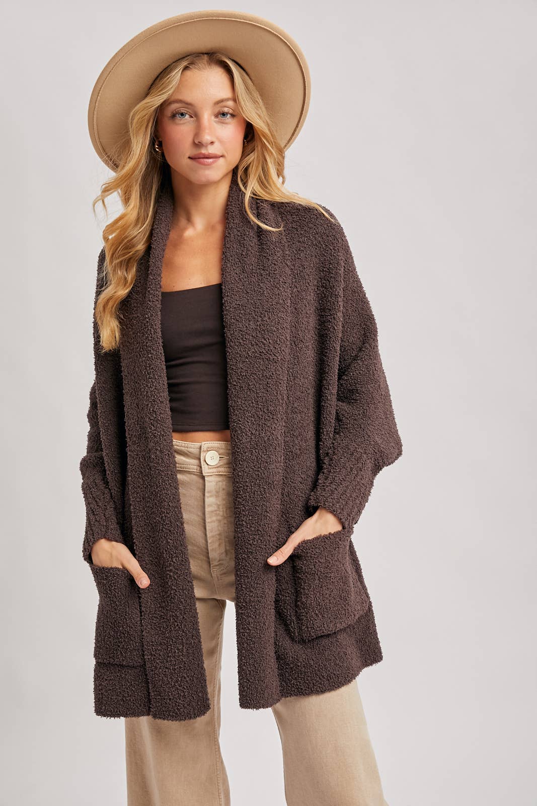 OPEN FRONT BLANKET WRAP BOUCLE KNIT SWEATER CARDIGAN: LATTE / One Size