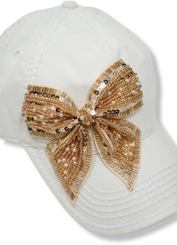Bejeweled Bow Pearl Bling Glitz Ponytail Cap, Adjustable
: Red