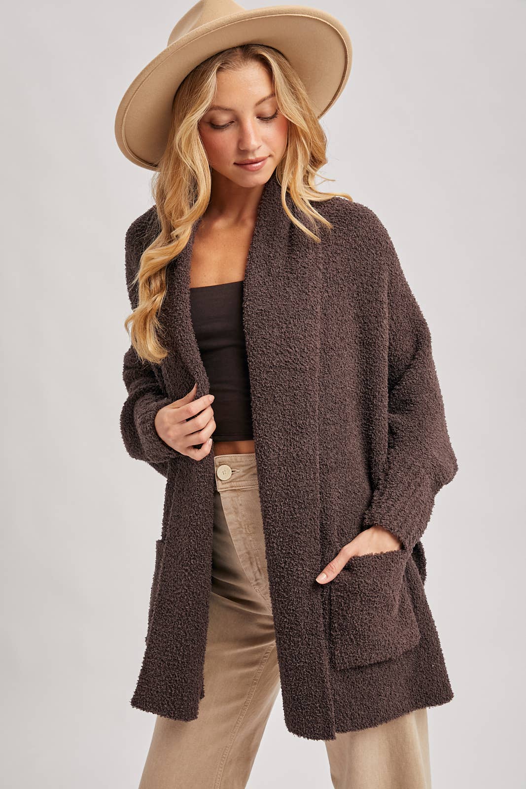OPEN FRONT BLANKET WRAP BOUCLE KNIT SWEATER CARDIGAN: LATTE / One Size