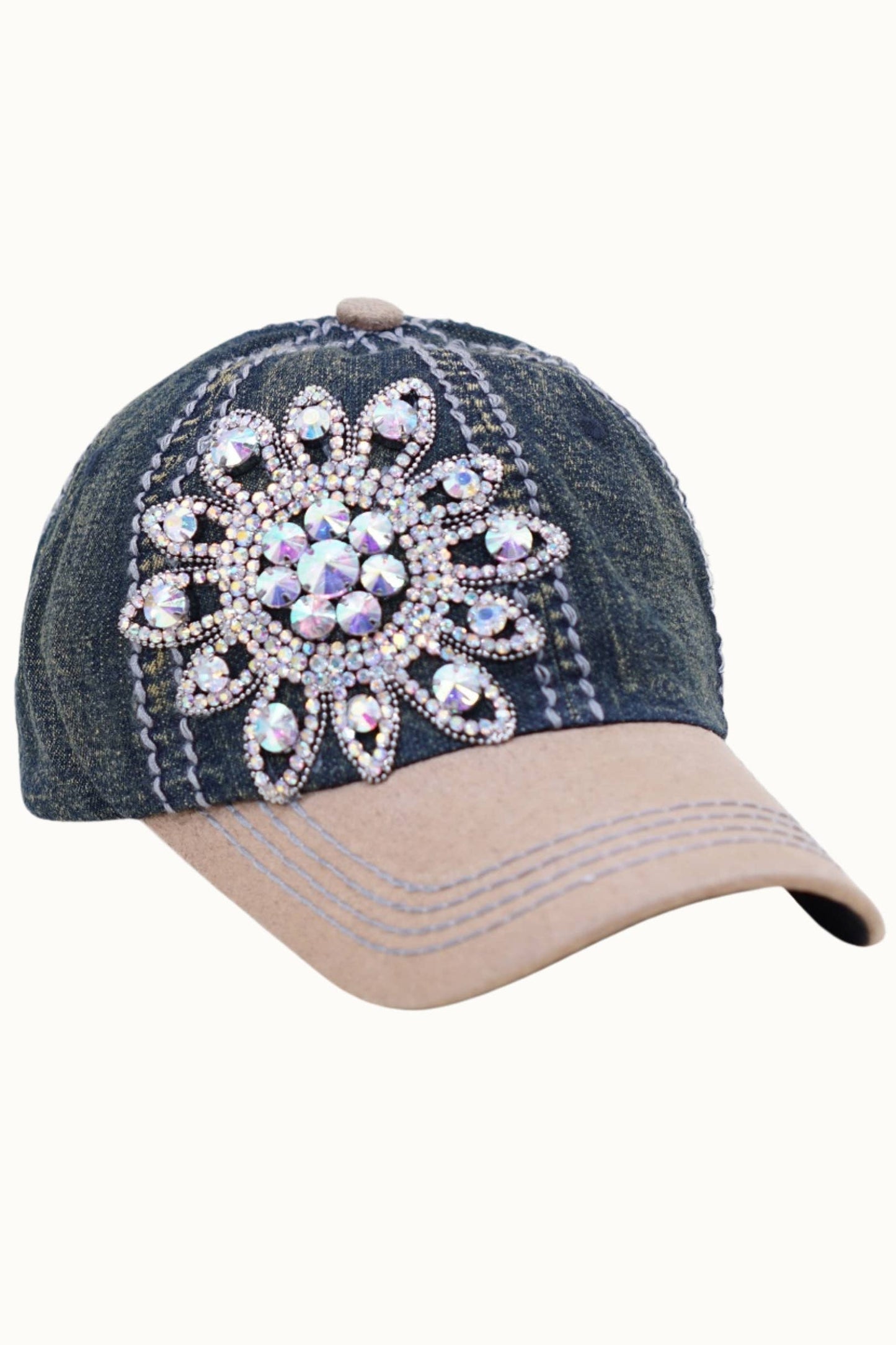 Sunflower Bejeweled Glitz Two-Toned Cap, Adjustable: Dark Denim/Tan