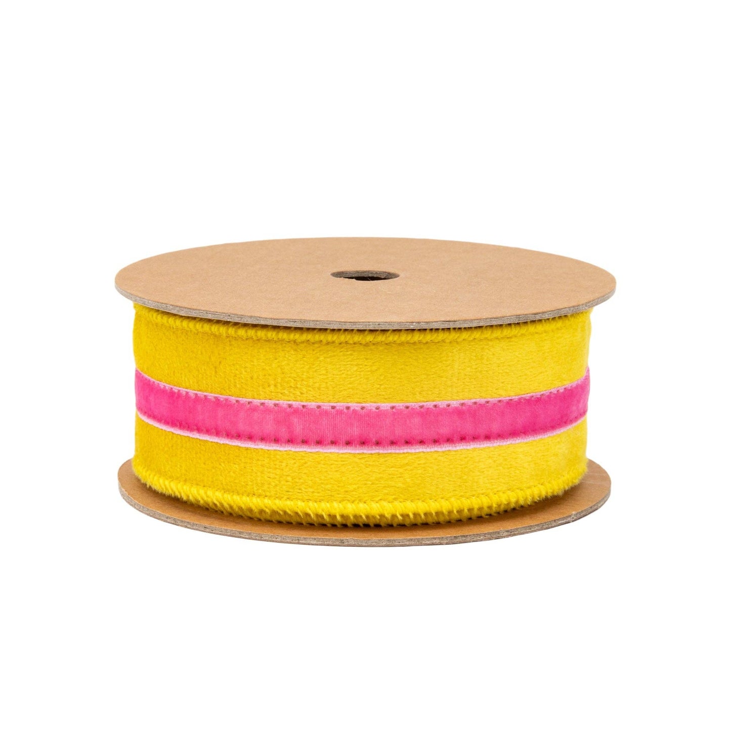 1 1/2" Wired Velvet Ribbon w/ Trim | Yellow w/ Pink Trim | 10 Yard Roll