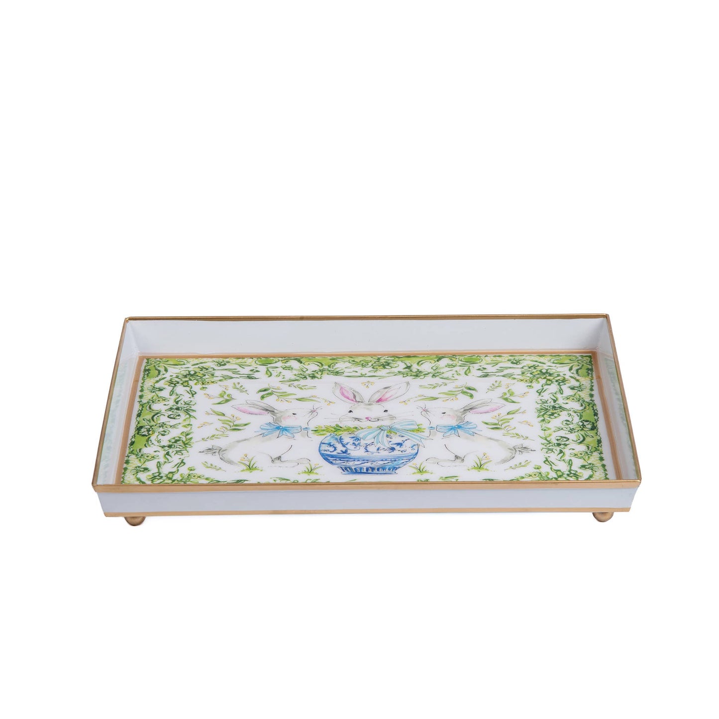 Bunny Trio Enameled Oliver Tray 8x12: White & Green