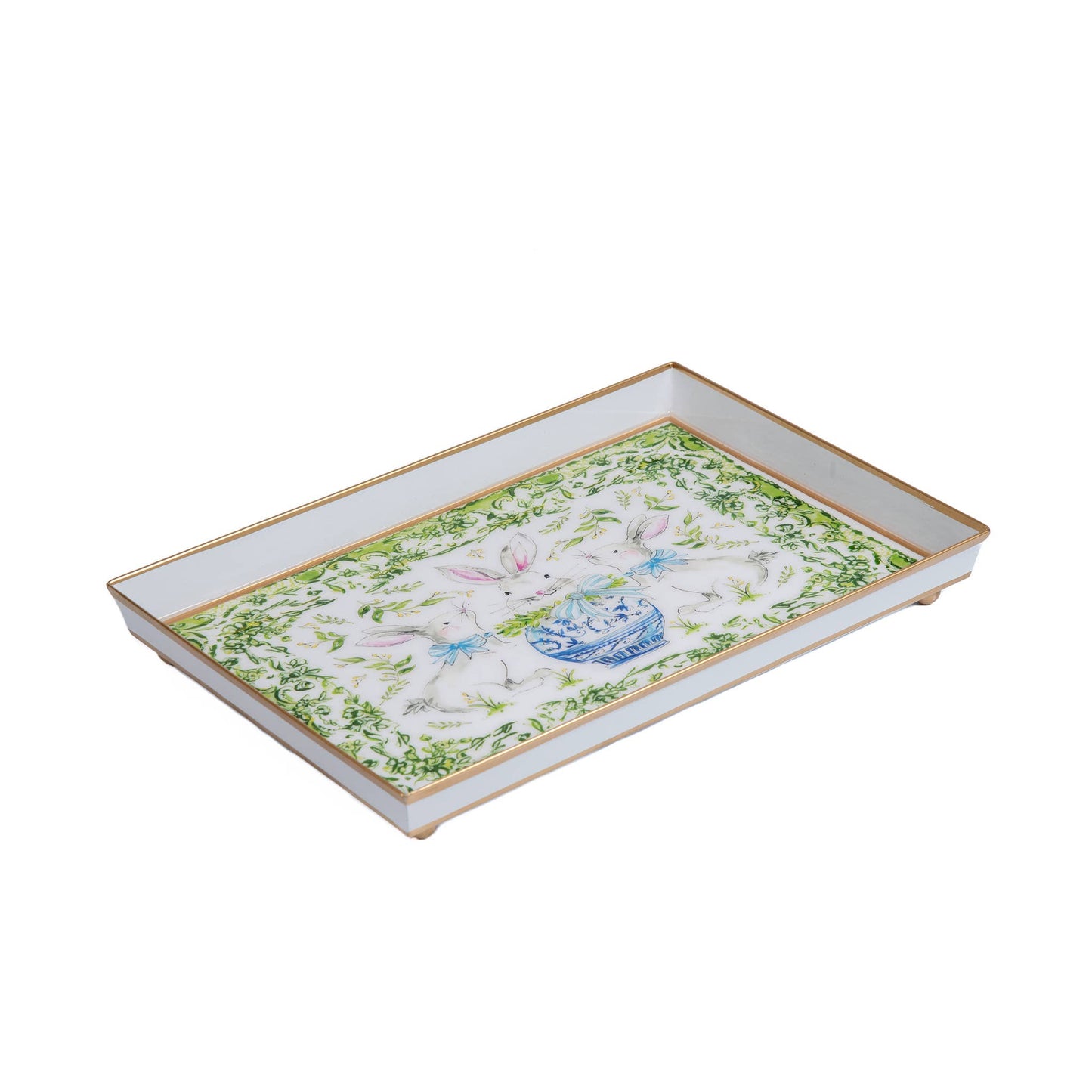 Bunny Trio Enameled Oliver Tray 8x12: White & Green