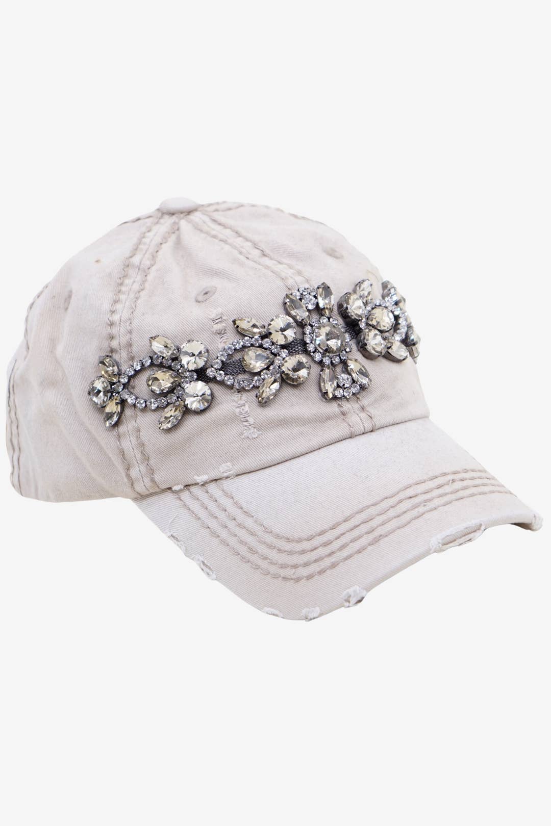 Bejeweled Bling Glitz Distressed Cap, Adjustable: Khaki