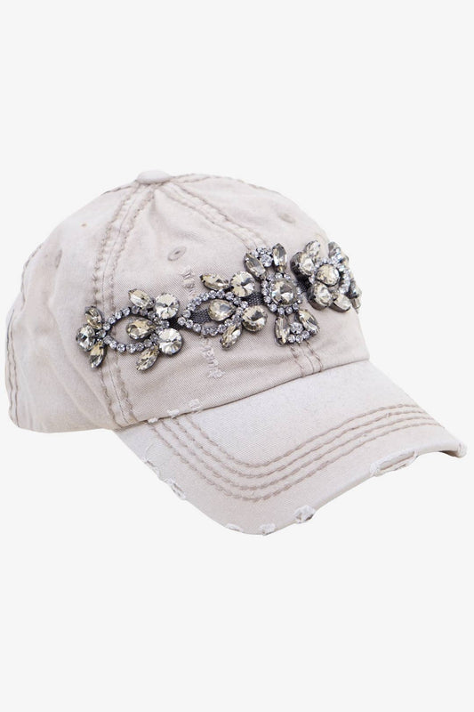 Bejeweled Bling Glitz Distressed Cap, Adjustable: Khaki