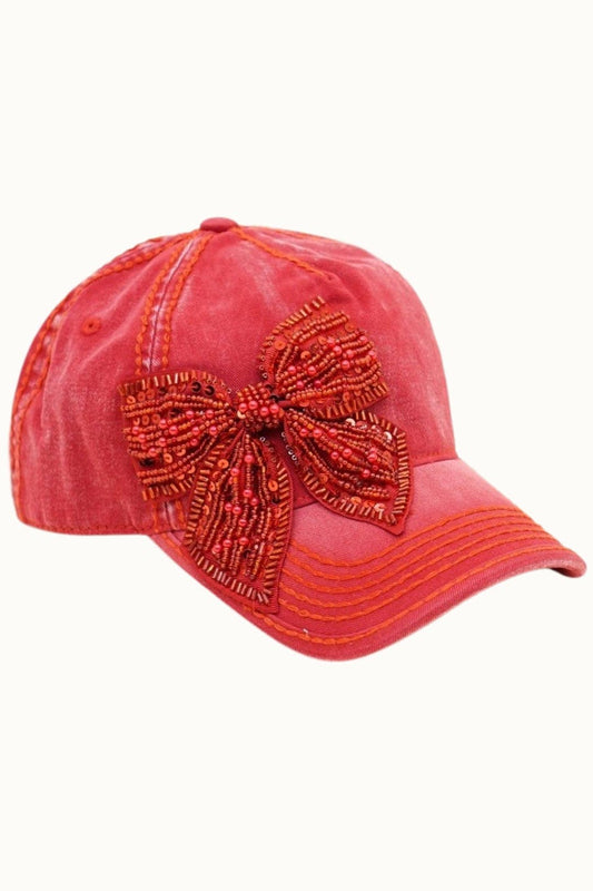 Bejeweled Bow Pearl Bling Glitz Ponytail Cap, Adjustable
: Red