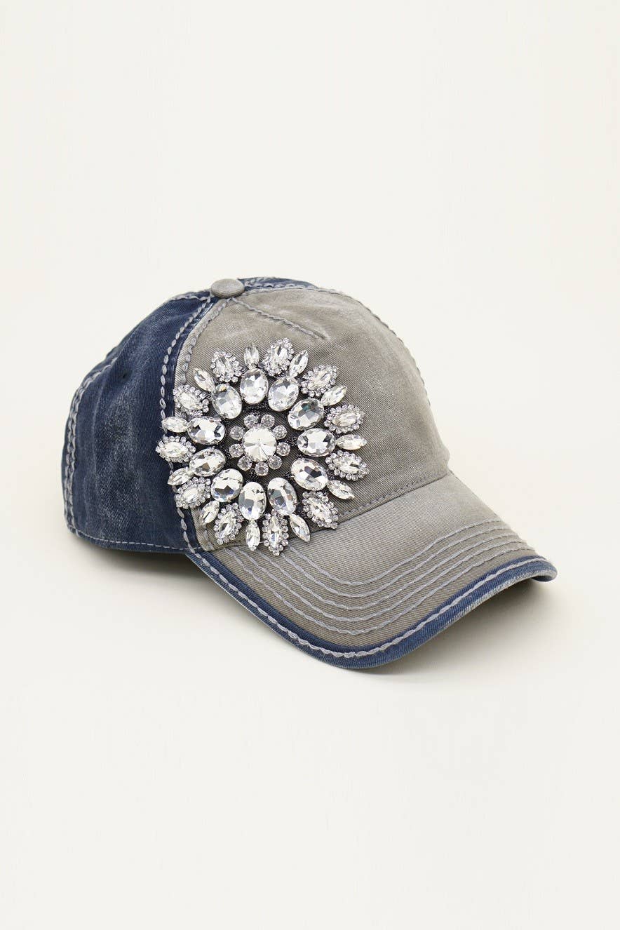 Sunflower Bejeweled Glitz Two-Toned Cap, Adjustable: Fuchsia/Charcoal