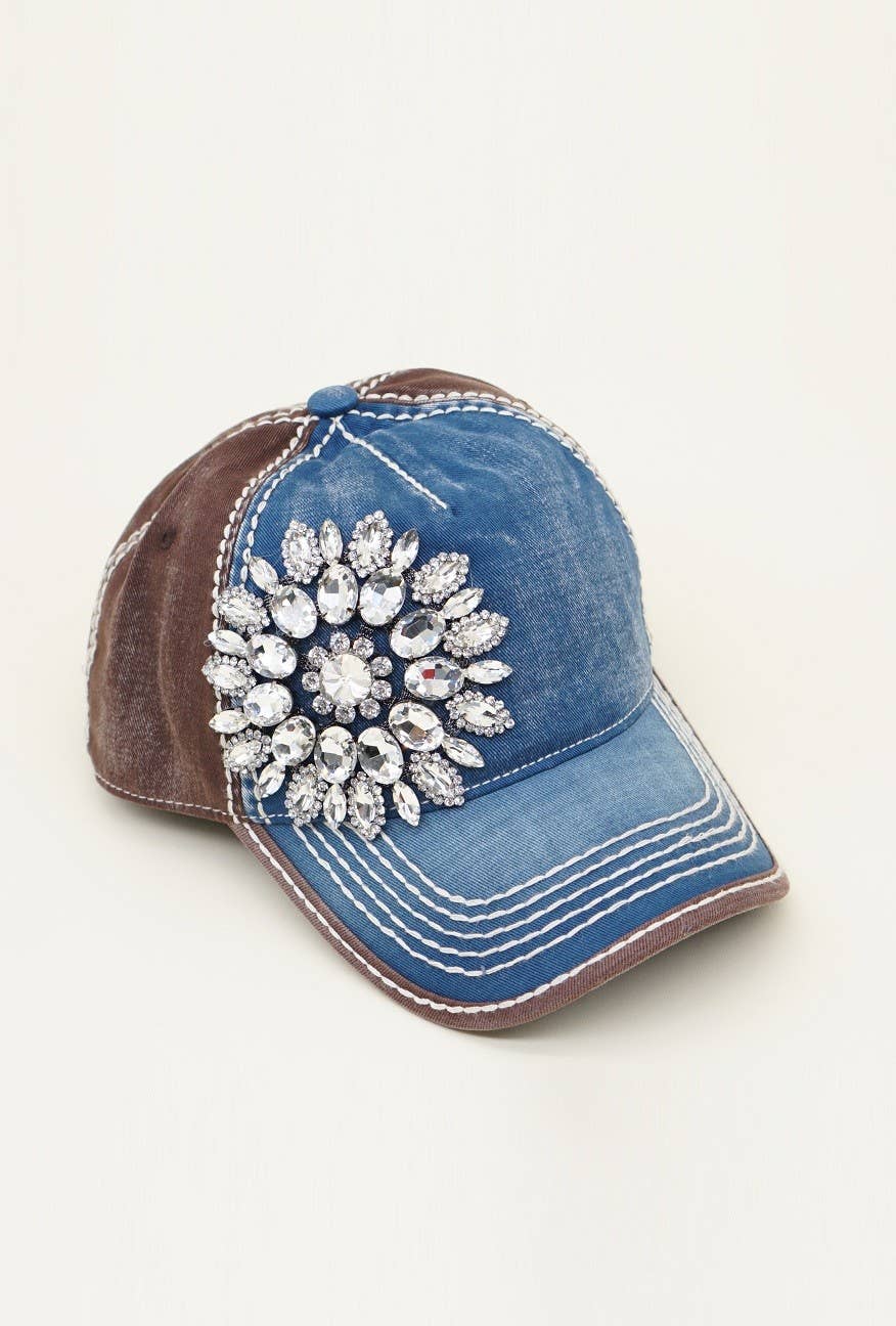Sunflower Bejeweled Glitz Two-Toned Cap, Adjustable: Fuchsia/Charcoal