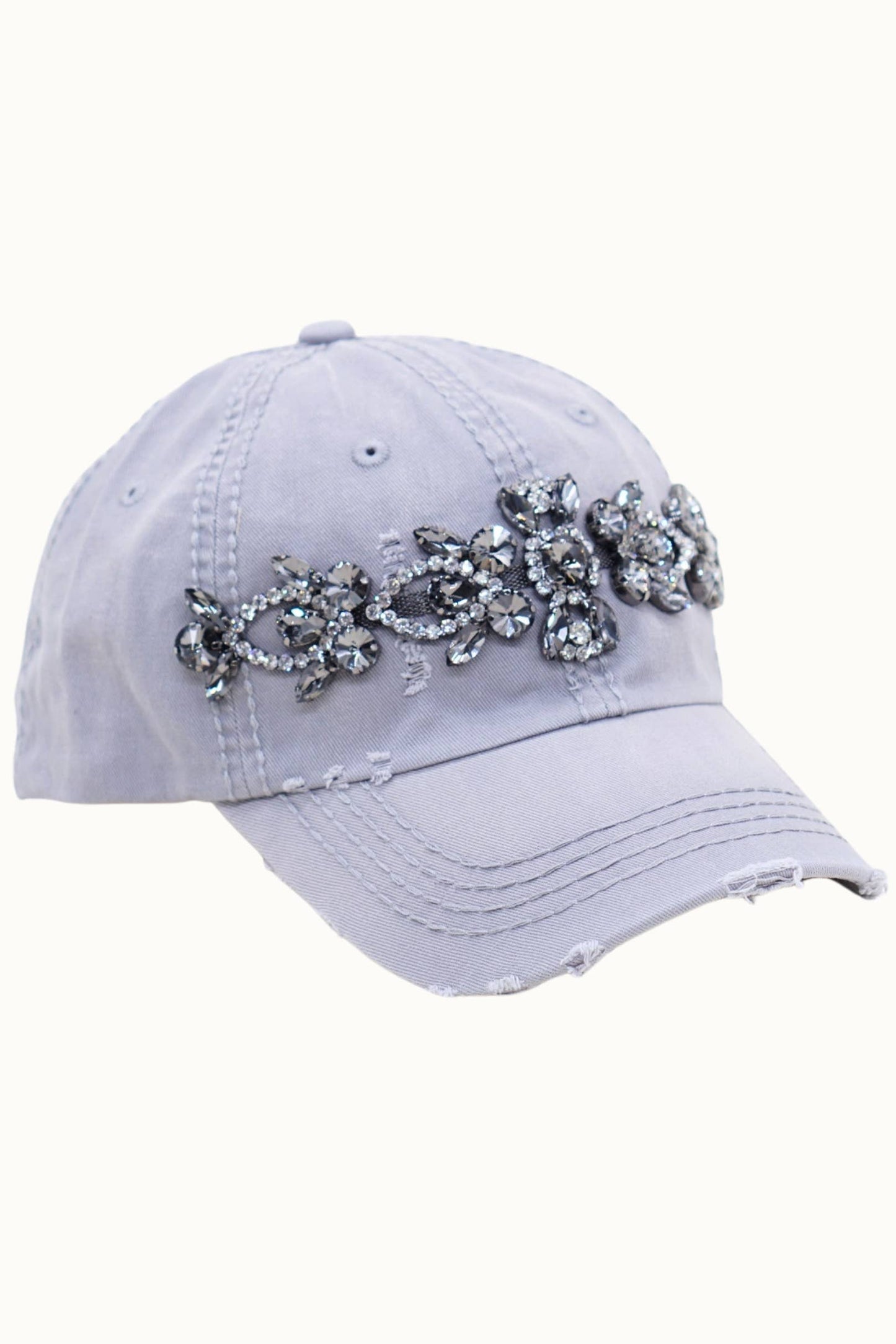 Bejeweled Bling Glitz Distressed Cap, Adjustable: Khaki