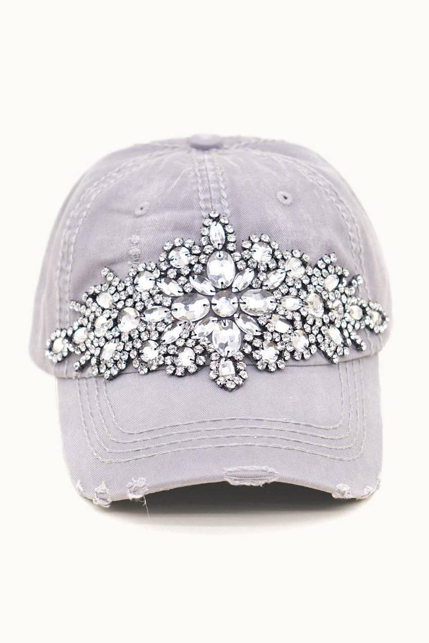Abstract Bejeweled Bling Glitz Cap, Adjustable: Sky Blue + Silver/Clear