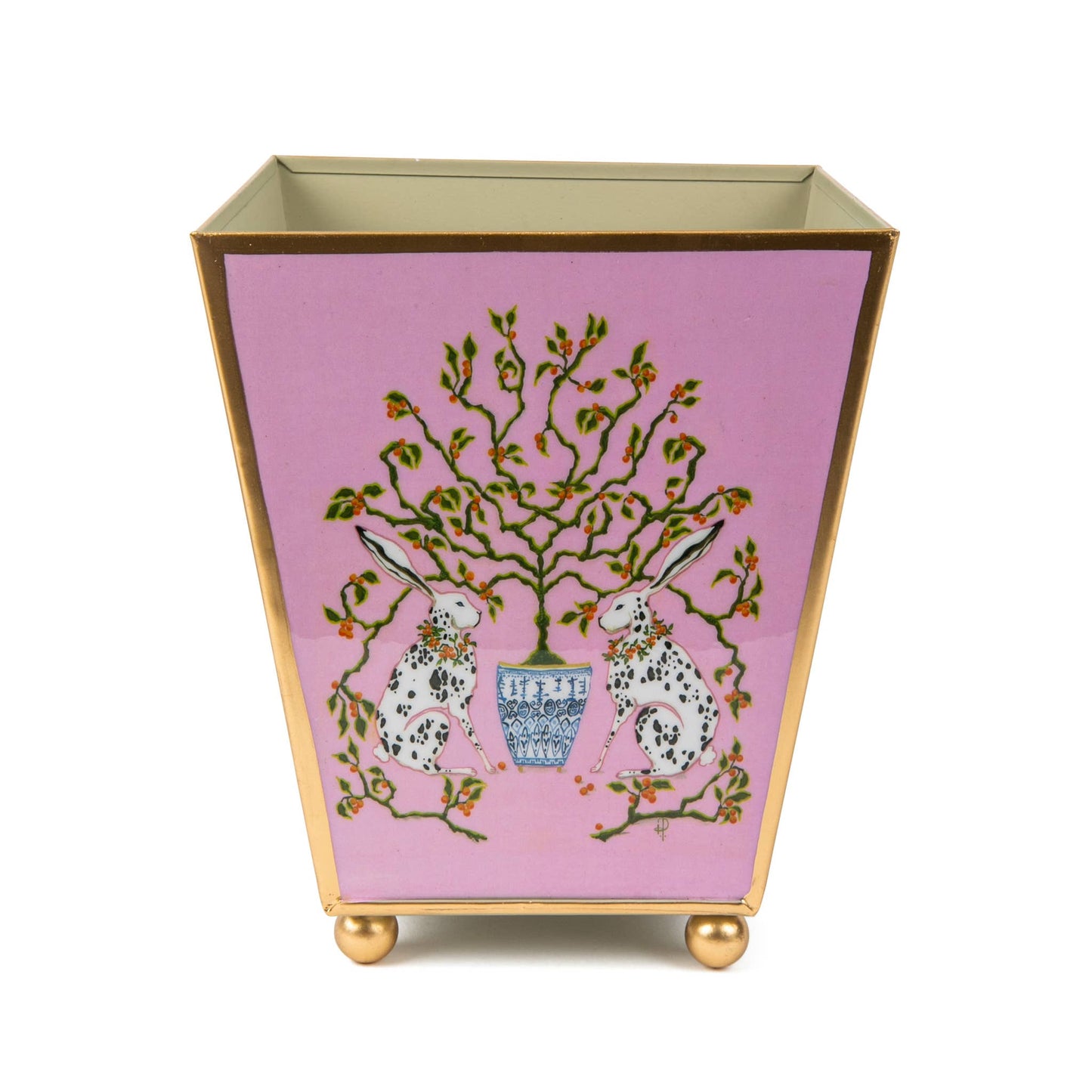 Bunnies Enameled Square Cachepot Planter: Pink / 6 inch