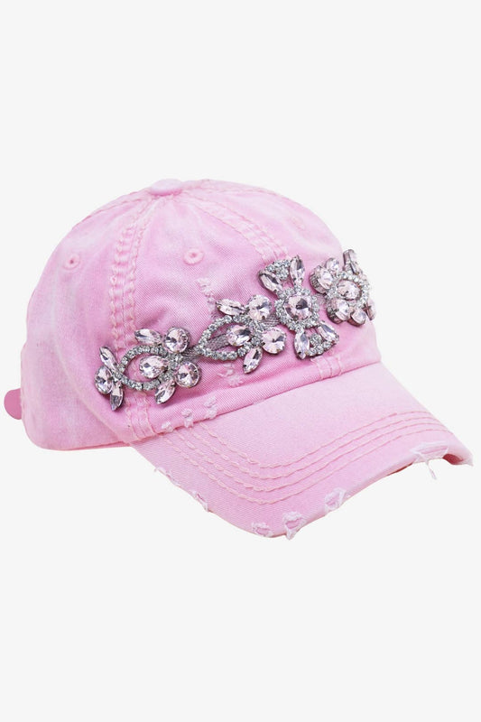 Bejeweled Bling Glitz Distressed Cap, Adjustable: Rose