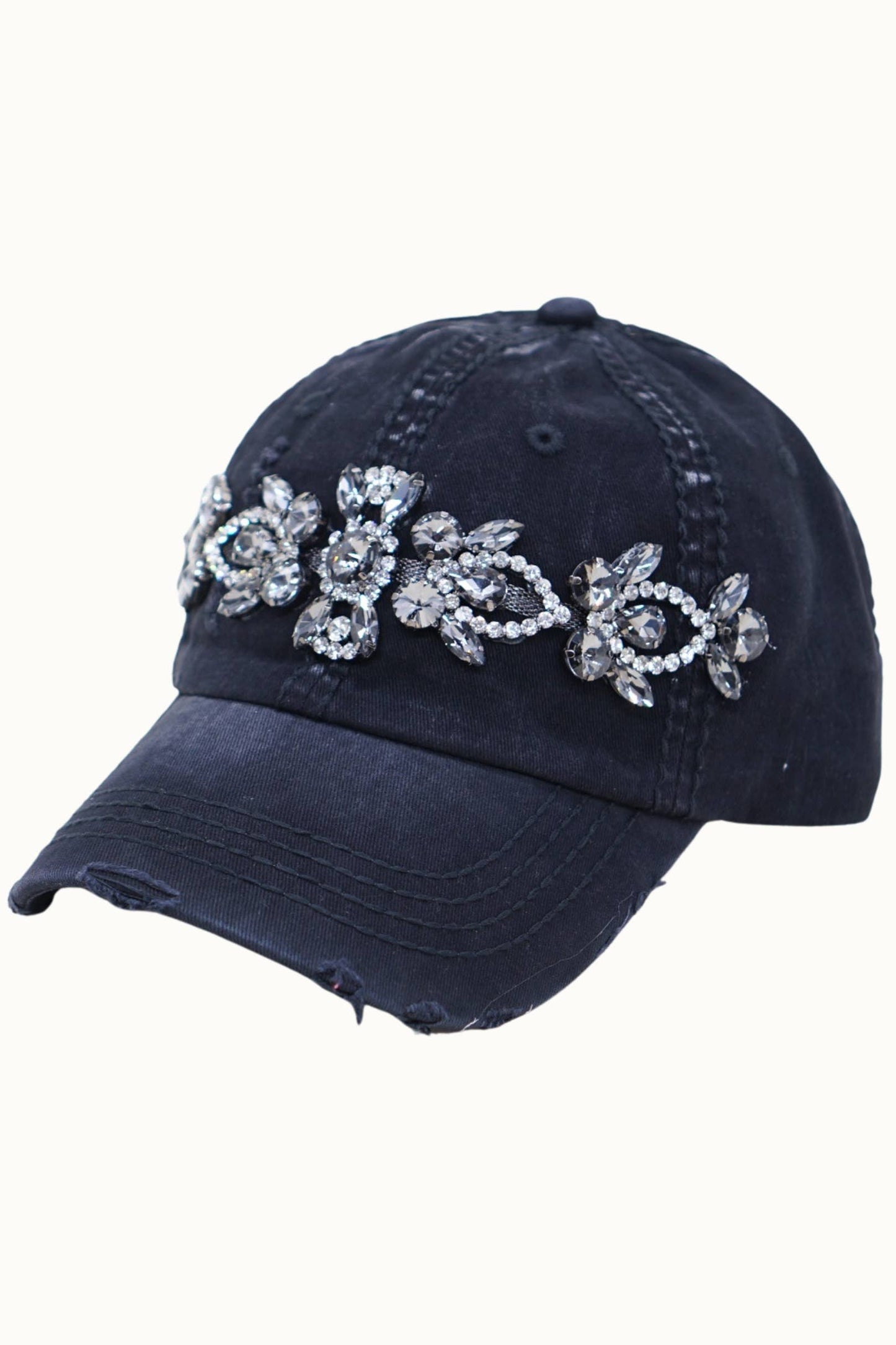 Bejeweled Bling Glitz Distressed Cap, Adjustable: Khaki