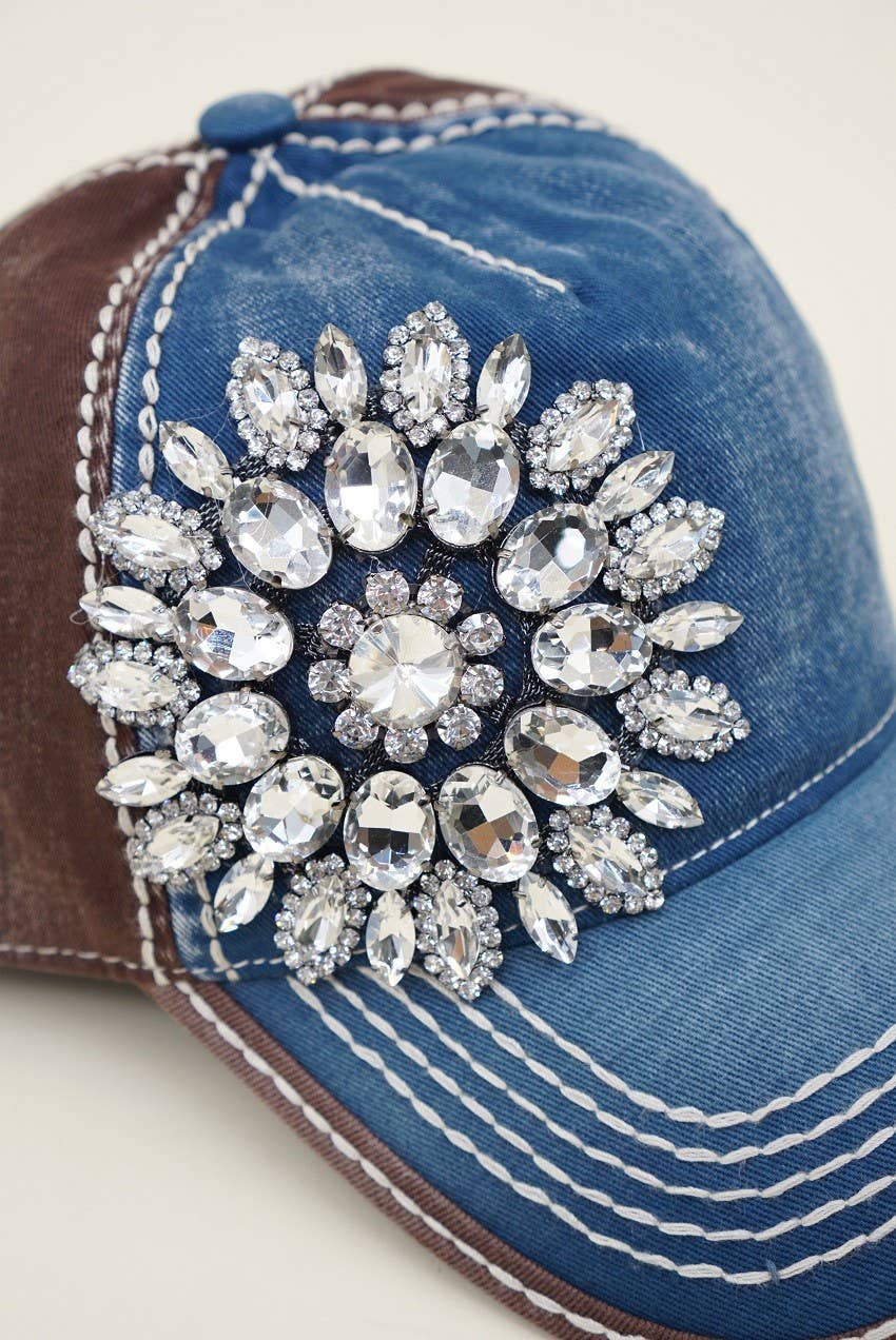 Sunflower Bejeweled Glitz Two-Toned Cap, Adjustable: Fuchsia/Charcoal