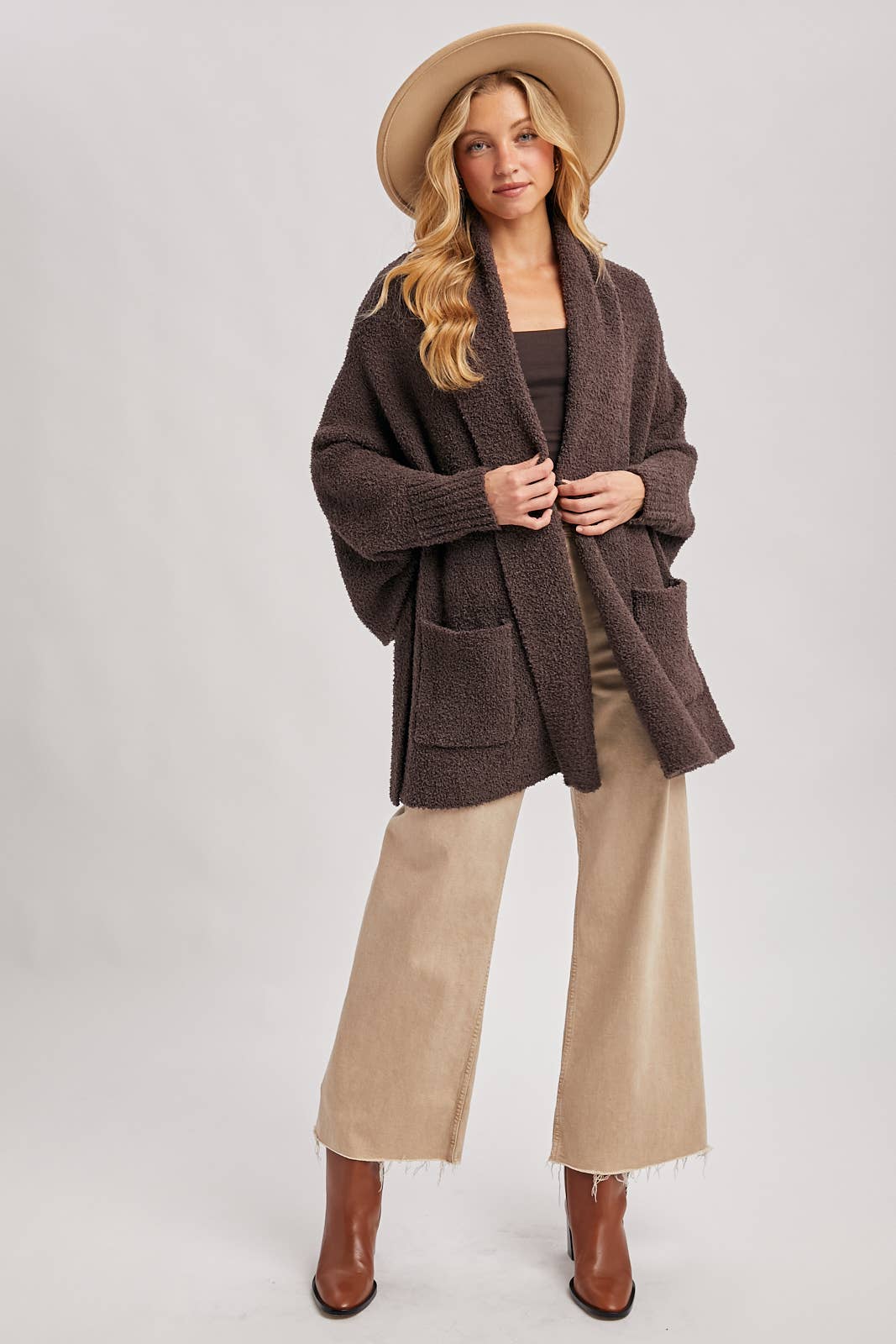 OPEN FRONT BLANKET WRAP BOUCLE KNIT SWEATER CARDIGAN: ESPRESSO / One Size