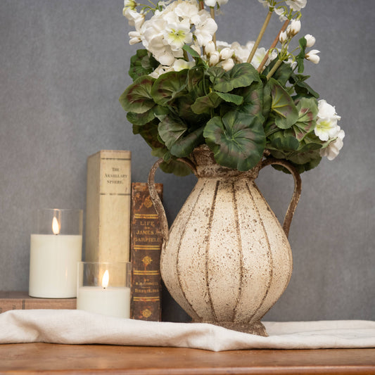 DISTRESSED TWO HANDLE VASE W/ RIDGES