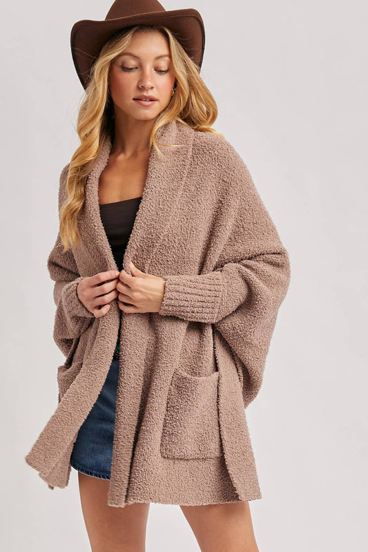 OPEN FRONT BLANKET WRAP BOUCLE KNIT SWEATER CARDIGAN: LATTE / One Size