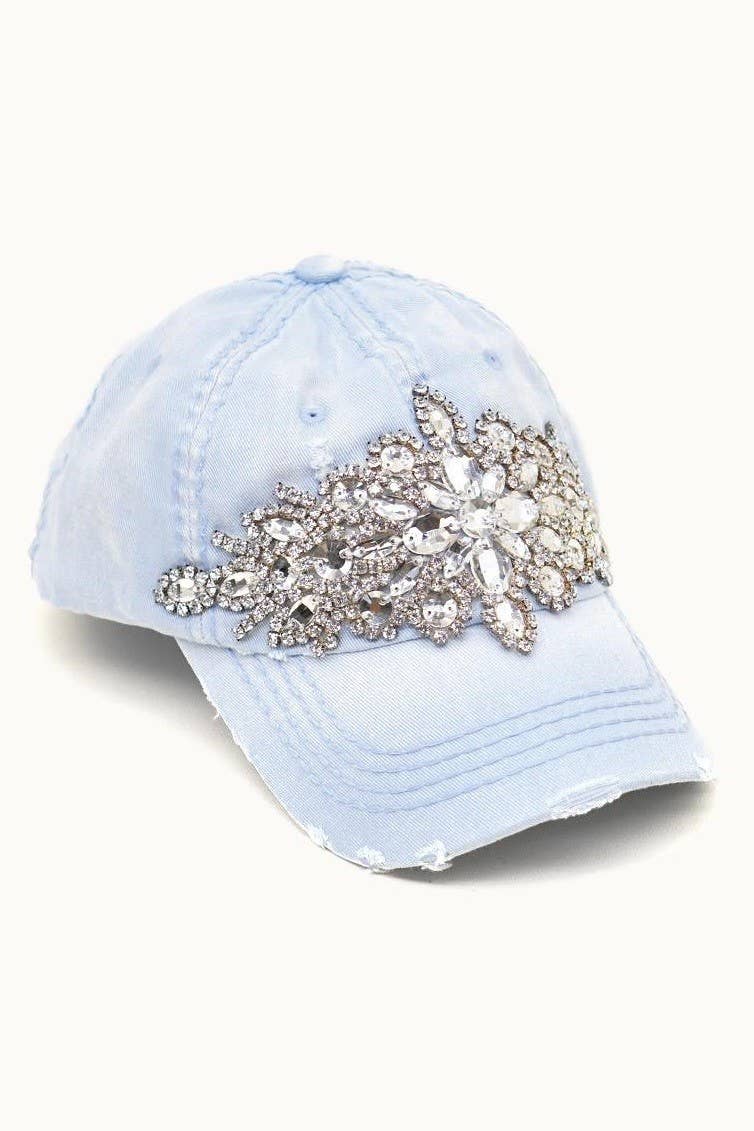 Abstract Bejeweled Bling Glitz Cap, Adjustable: Sky Blue + Silver/Clear