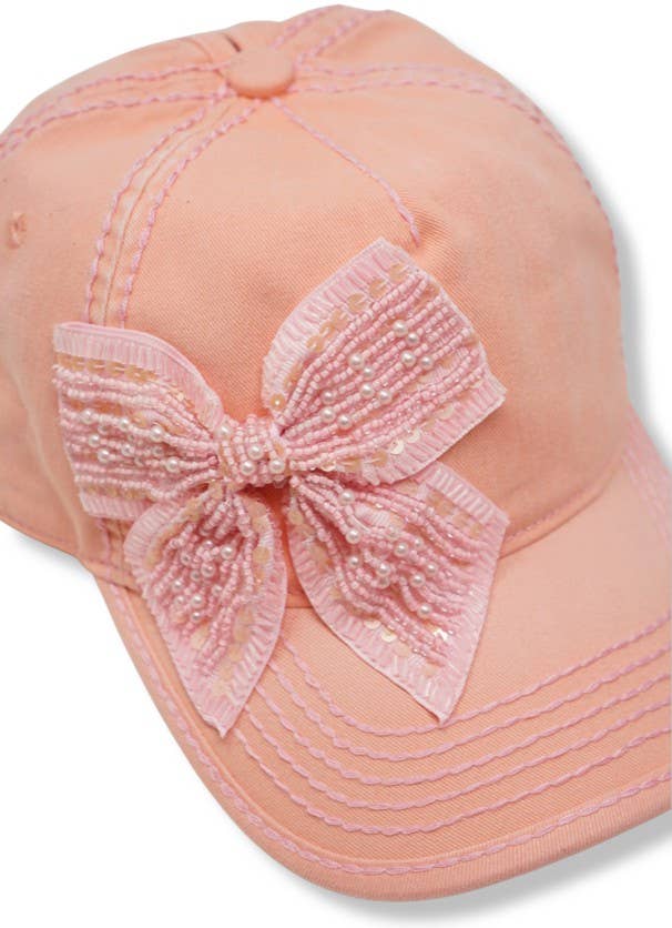 Bejeweled Bow Pearl Bling Glitz Ponytail Cap, Adjustable
: Red