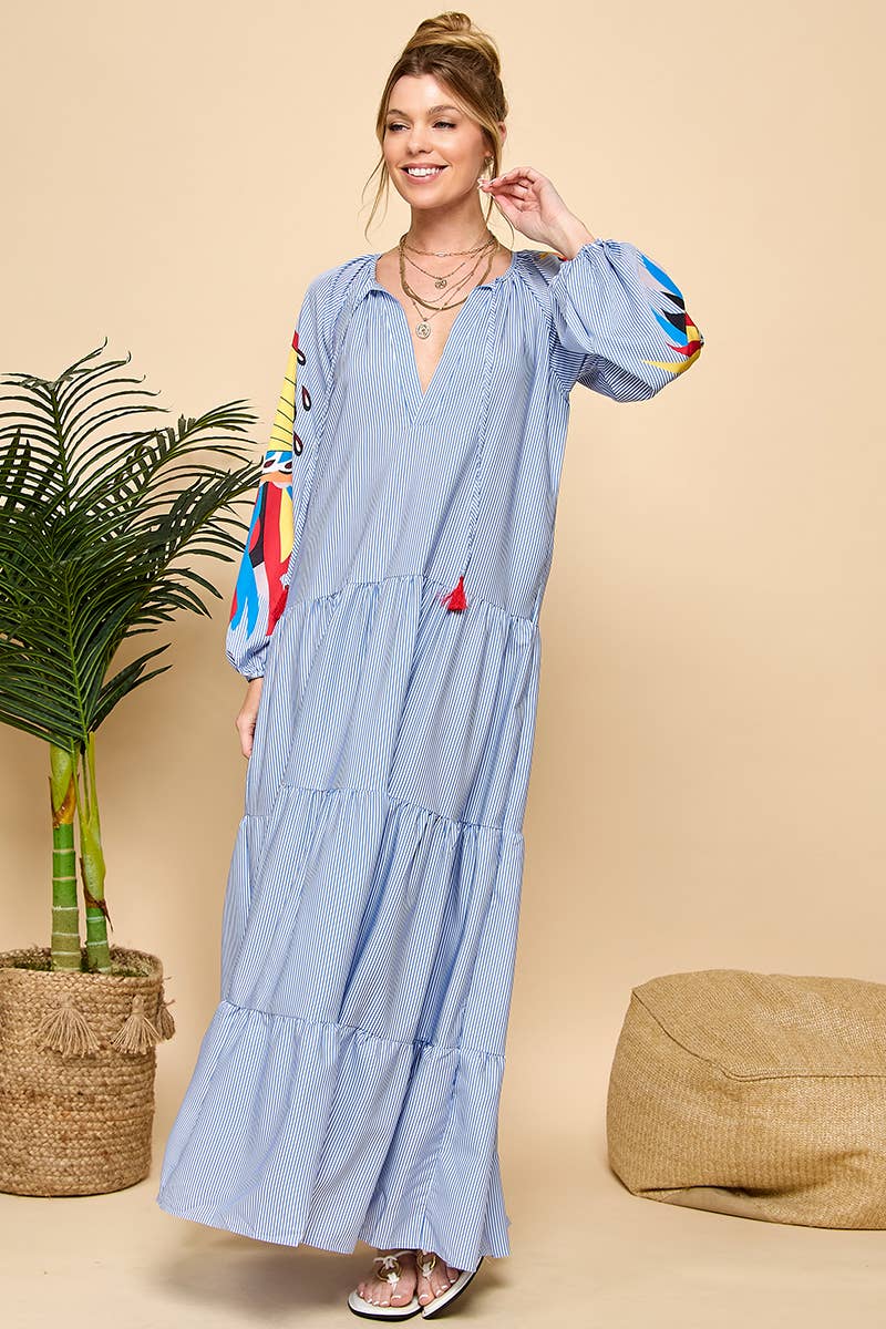 Printed Long Sleeve Stripe V-neck Dress : Blue / M