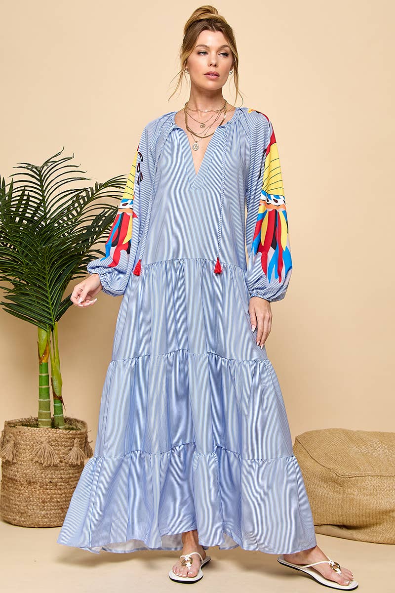 Printed Long Sleeve Stripe V-neck Dress : Blue / S
