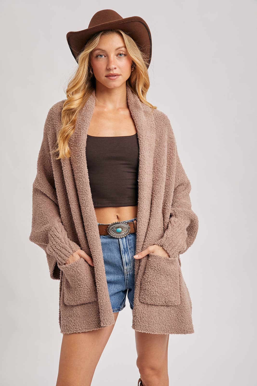 OPEN FRONT BLANKET WRAP BOUCLE KNIT SWEATER CARDIGAN: LATTE / One Size