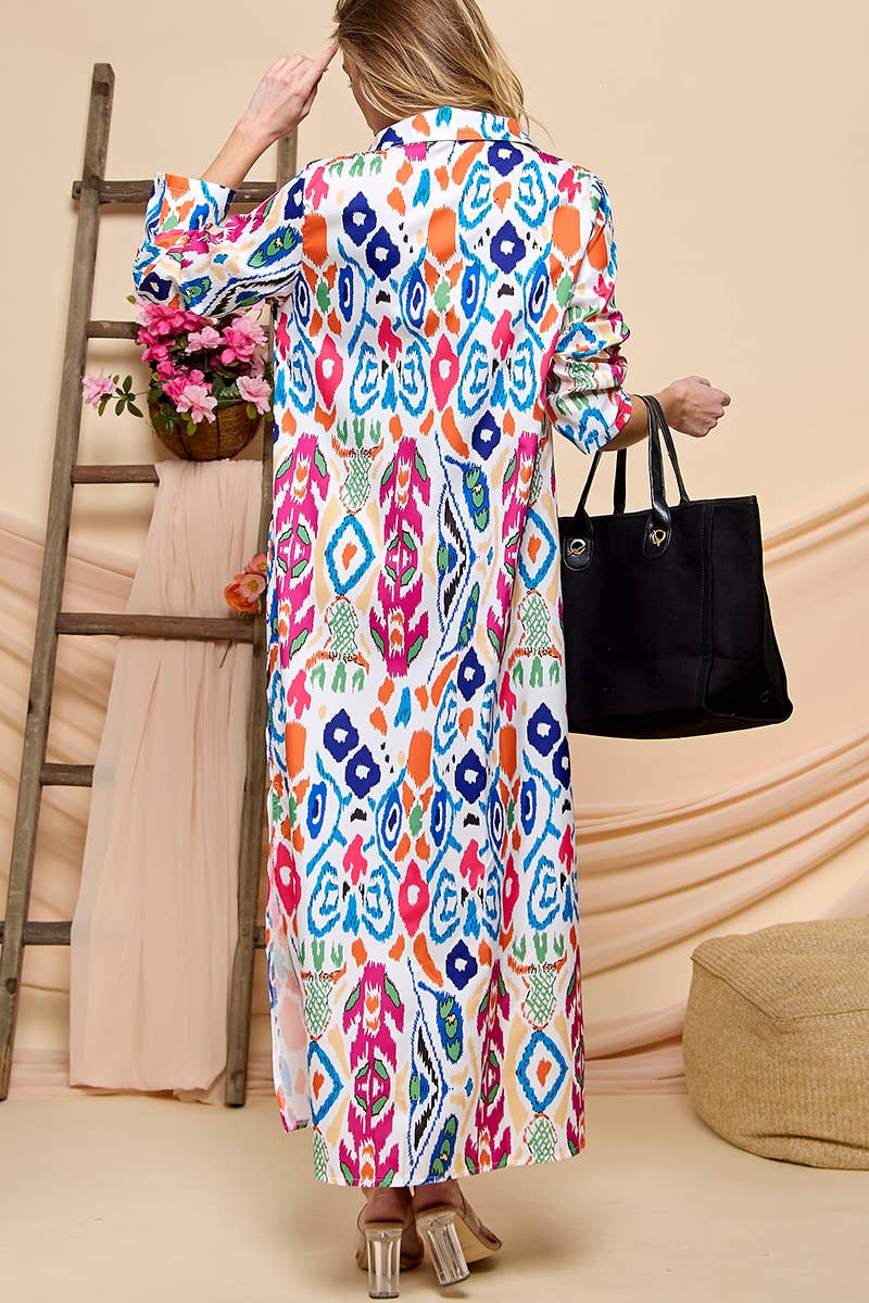 Long  Sleeve Print Shirt Dress: Multi-Colored / Large