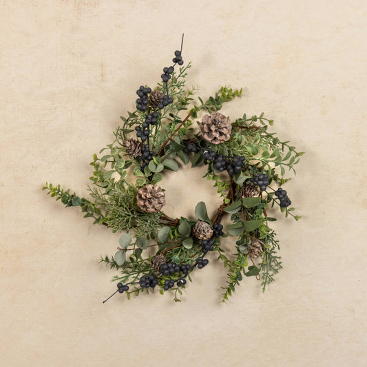 12" WINTER FOLIAGE & PINECONE CANDLE RING