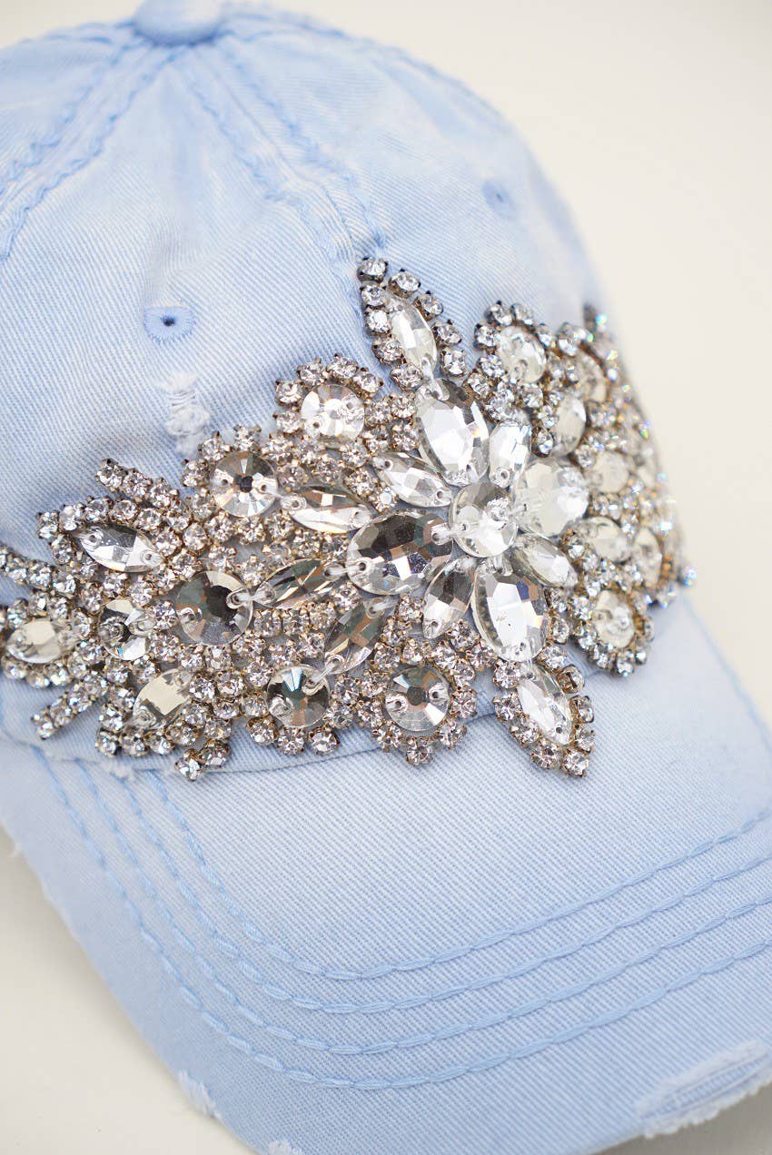 Abstract Bejeweled Bling Glitz Cap, Adjustable: Sky Blue + Silver/Clear