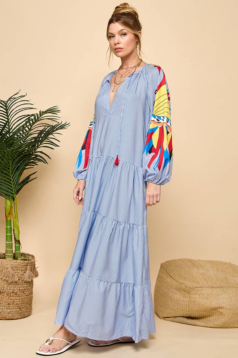 Printed Long Sleeve Stripe V-neck Dress : Blue / S