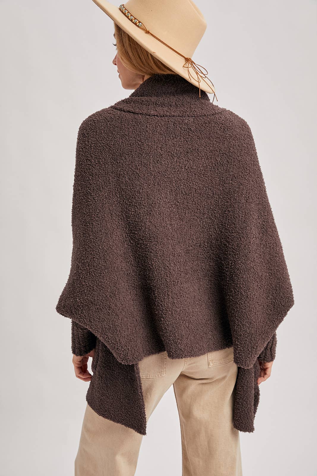 OPEN FRONT BLANKET WRAP BOUCLE KNIT SWEATER CARDIGAN: LATTE / One Size