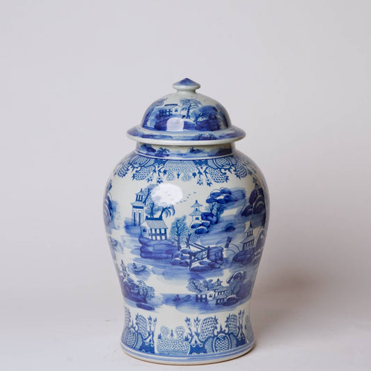 "Willow Ware" Blue and White Porcelain Temple Jar