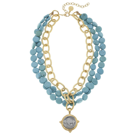 Multi-Strand Genuine Turquoise with Handcast Gold and Silver