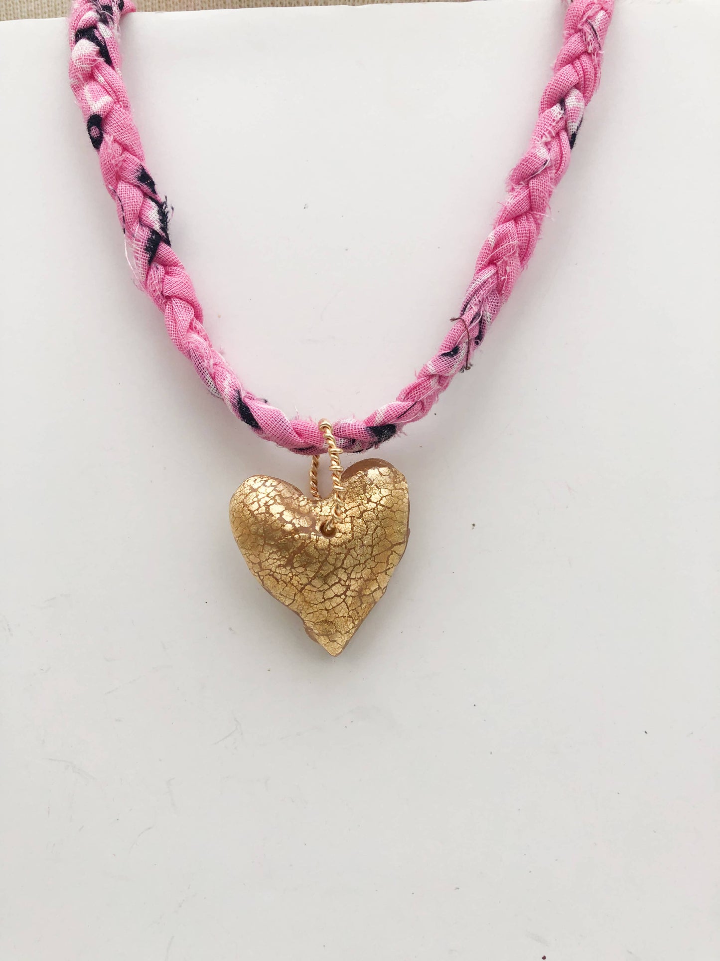 Pink Bandana with Gold Leafed Heart Necklace 
