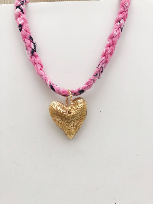 Pink Bandana with Gold Leafed Heart Necklace 