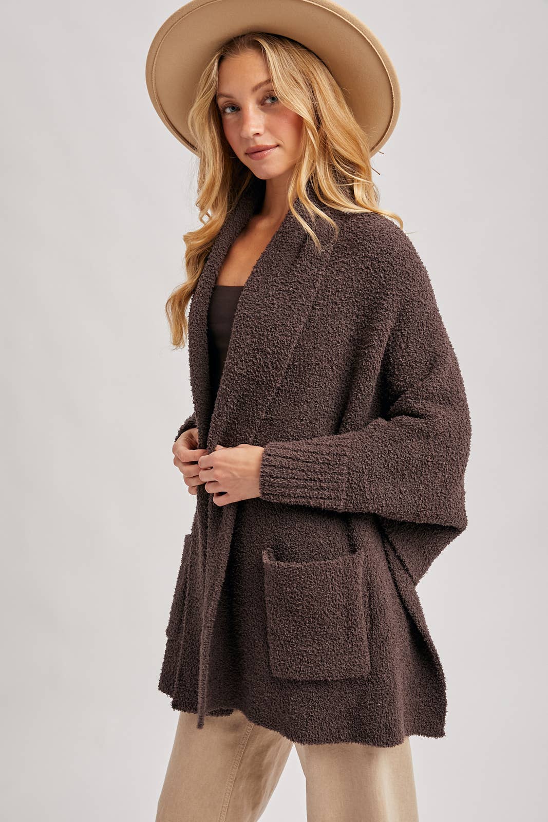 OPEN FRONT BLANKET WRAP BOUCLE KNIT SWEATER CARDIGAN: ESPRESSO / One Size