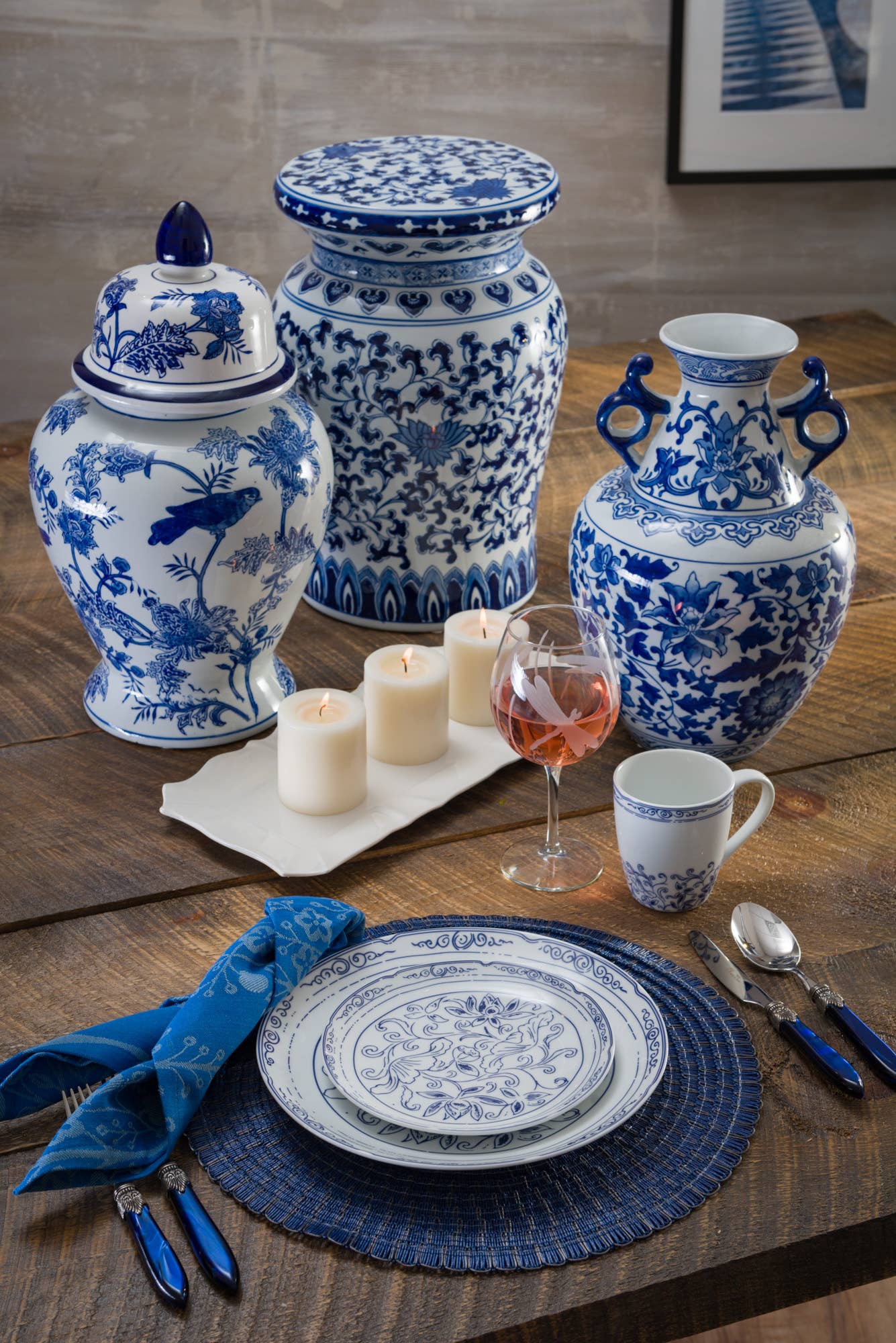 Blue Garden White Lotus Two Handle Vase