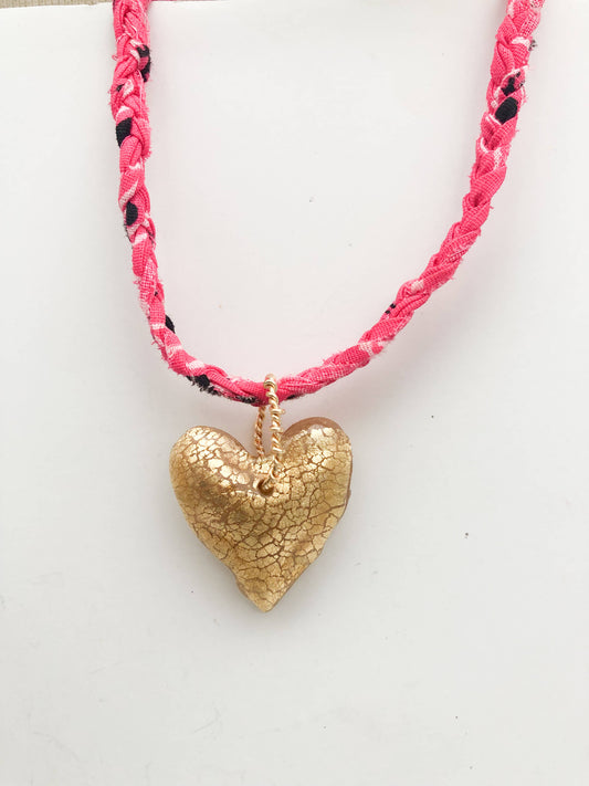 Hot Pink Bandana with Gold Leafed Heart Necklace 