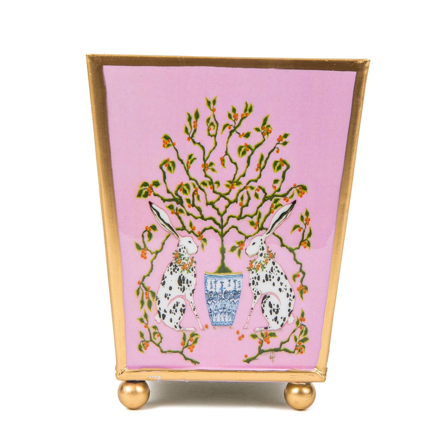 Bunnies Enameled Square Cachepot Planter: Pink / 6 inch