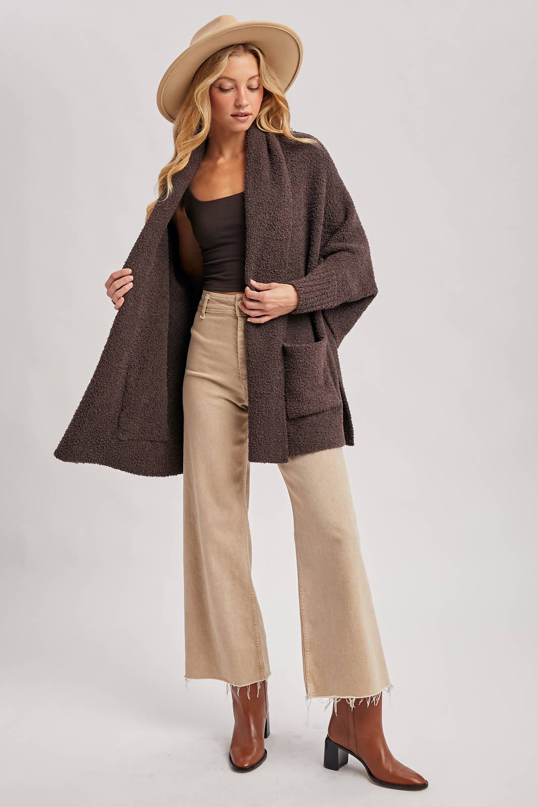 OPEN FRONT BLANKET WRAP BOUCLE KNIT SWEATER CARDIGAN: ESPRESSO / One Size