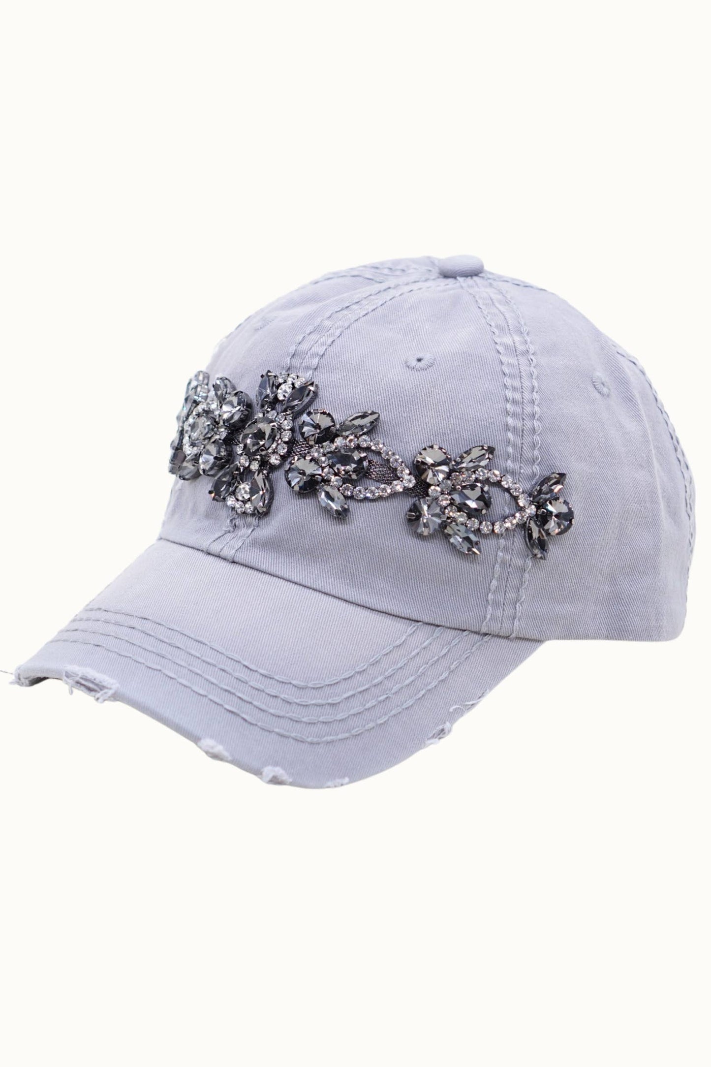 Bejeweled Bling Glitz Distressed Cap, Adjustable: Khaki