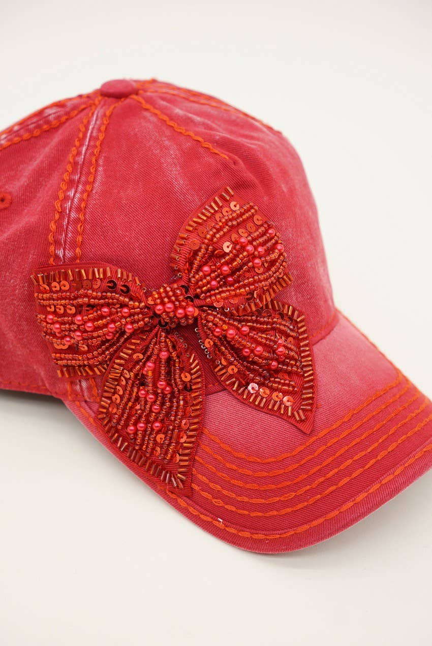 Bejeweled Bow Pearl Bling Glitz Ponytail Cap, Adjustable
: Red