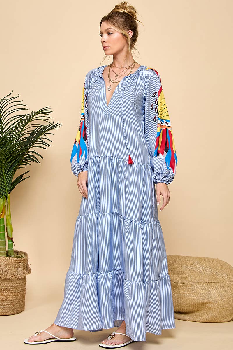 Printed Long Sleeve Stripe V-neck Dress : Blue / S
