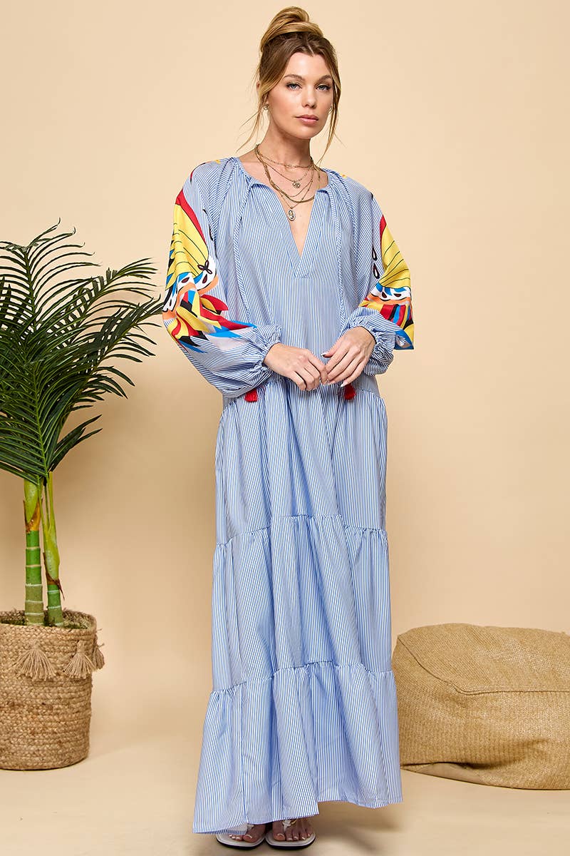 Printed Long Sleeve Stripe V-neck Dress : Blue / M