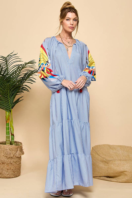 Printed Long Sleeve Stripe V-neck Dress : Blue / M